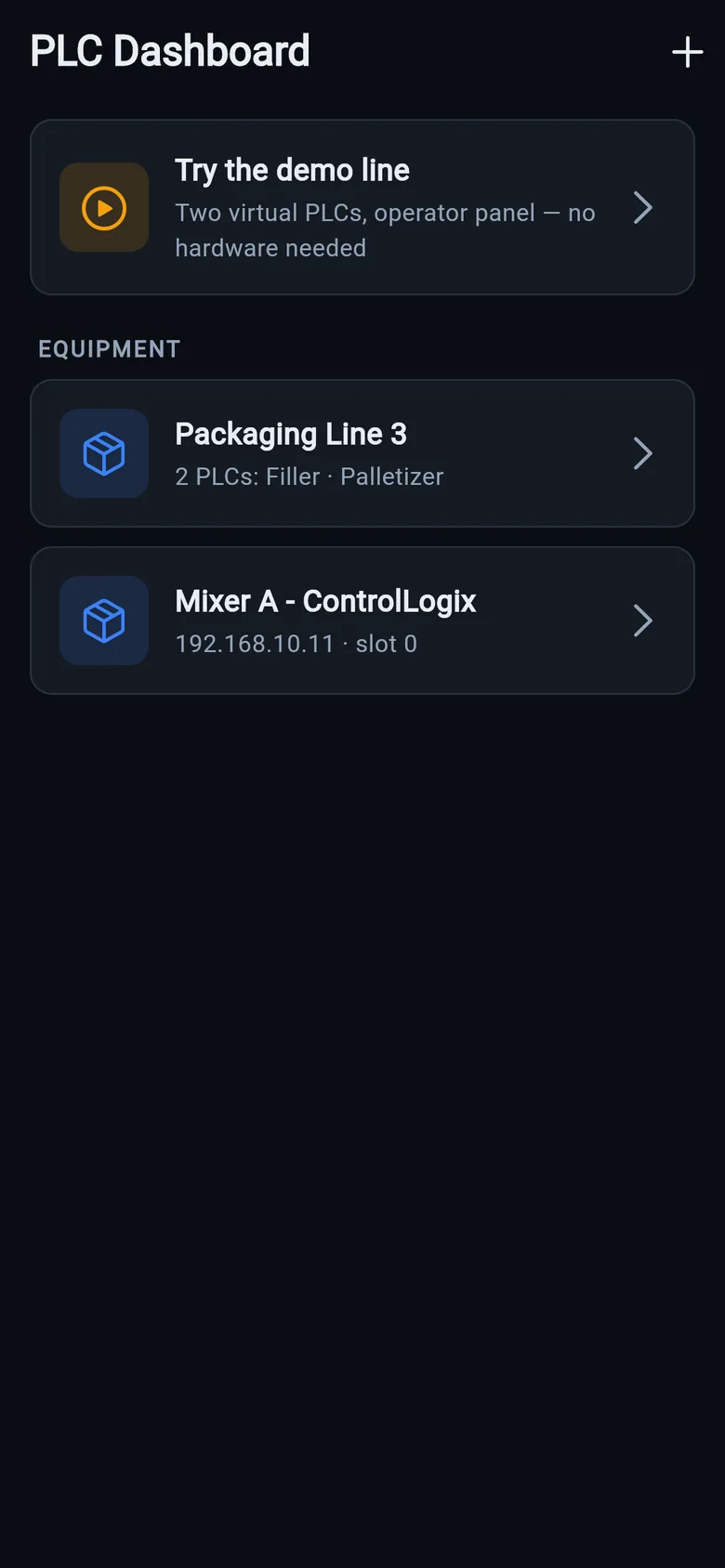 Equipment list: a packaging line with two PLCs and a mixer, plus the demo line