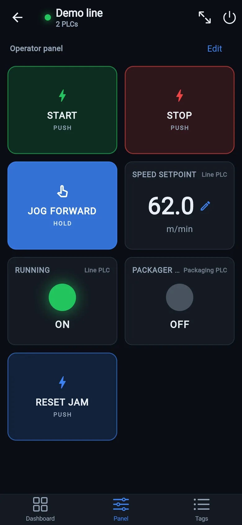 Operator panel with the hold-to-run jog button pressed