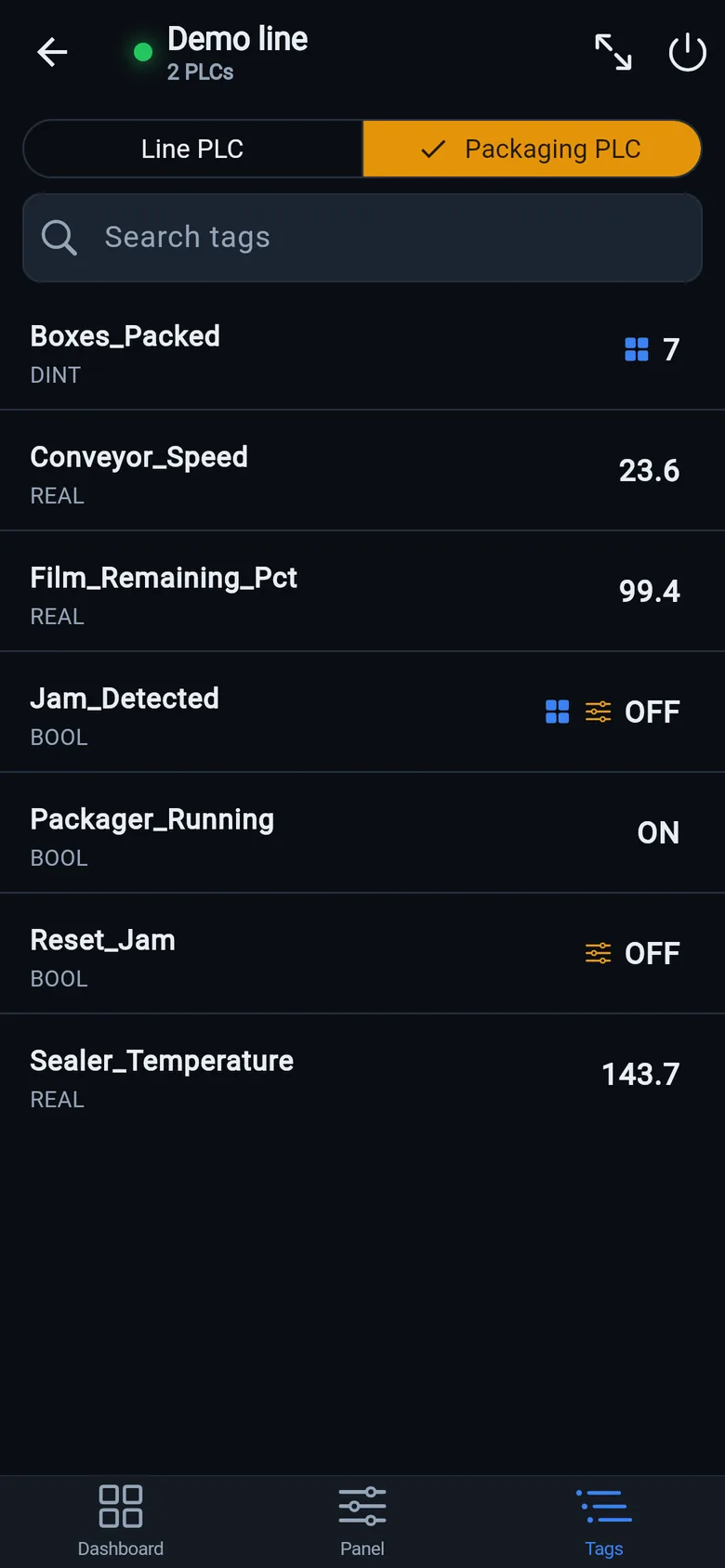Tag browser with a PLC selector showing the packager controller's tags