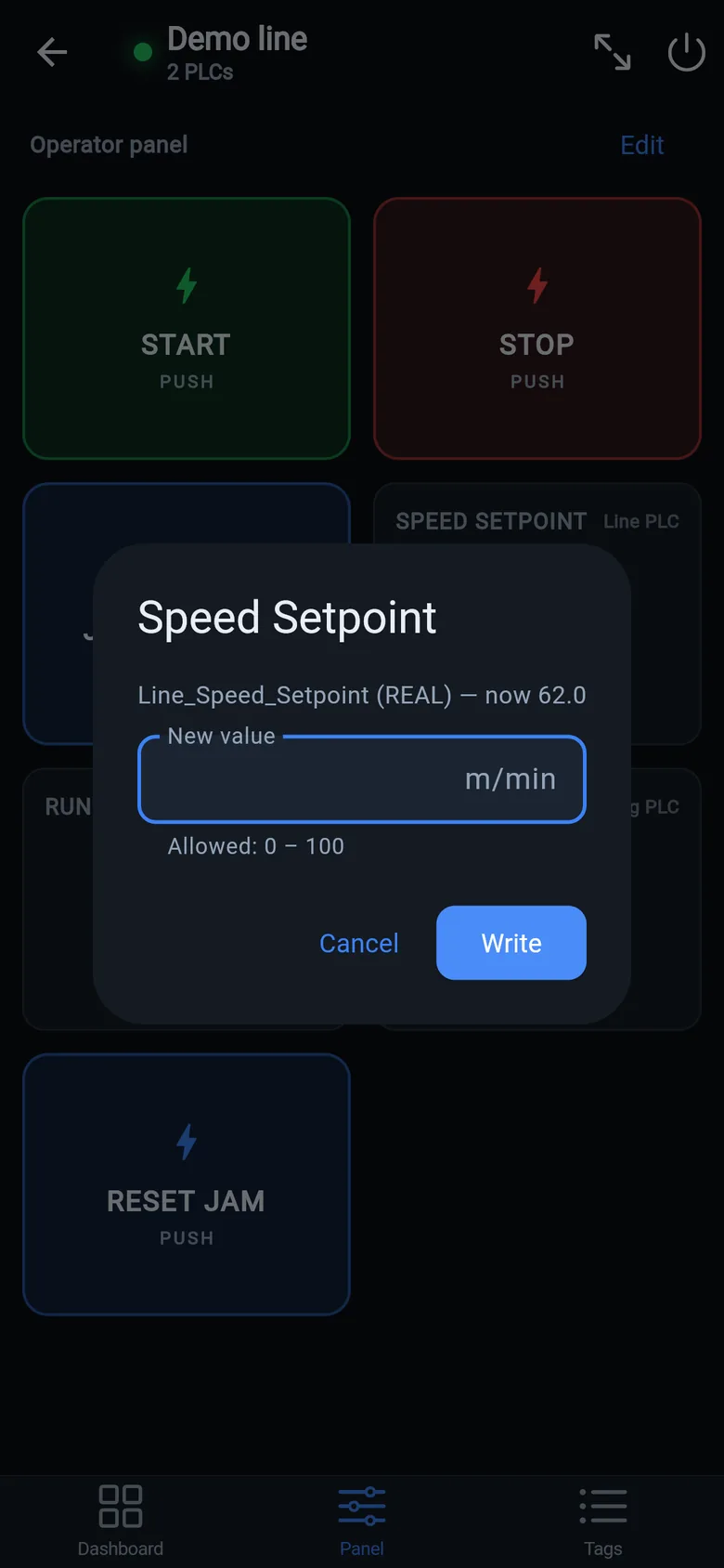 Write dialog for a REAL setpoint with allowed range and confirmation