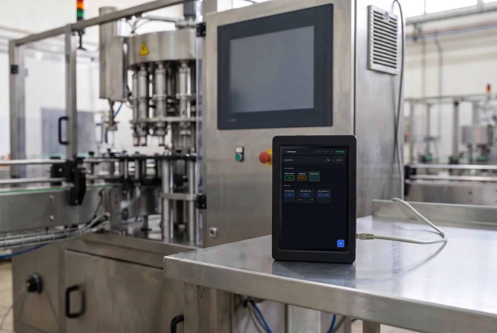 LineKeeper standing beside a machine with a dark built-in panel, showing the operator control panel