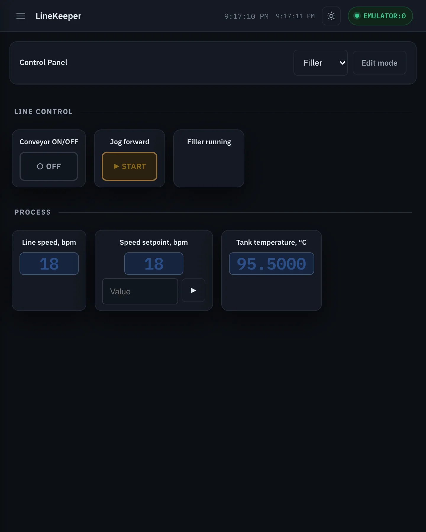 Control Panel: buttons, indicator and numeric widgets grouped into sections