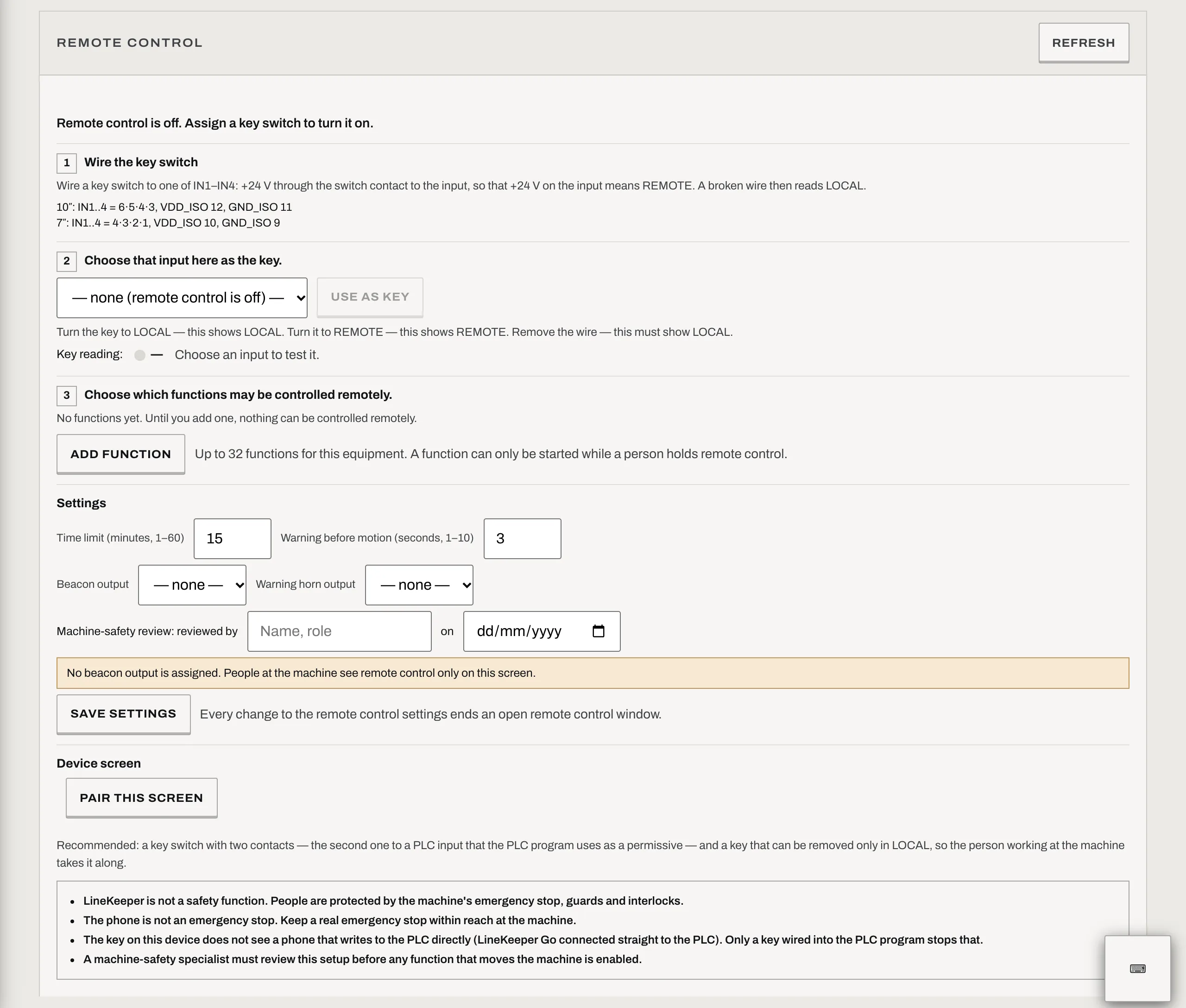 Settings → Hardware → Remote control before a key is assigned: the three steps, the settings and the four statements