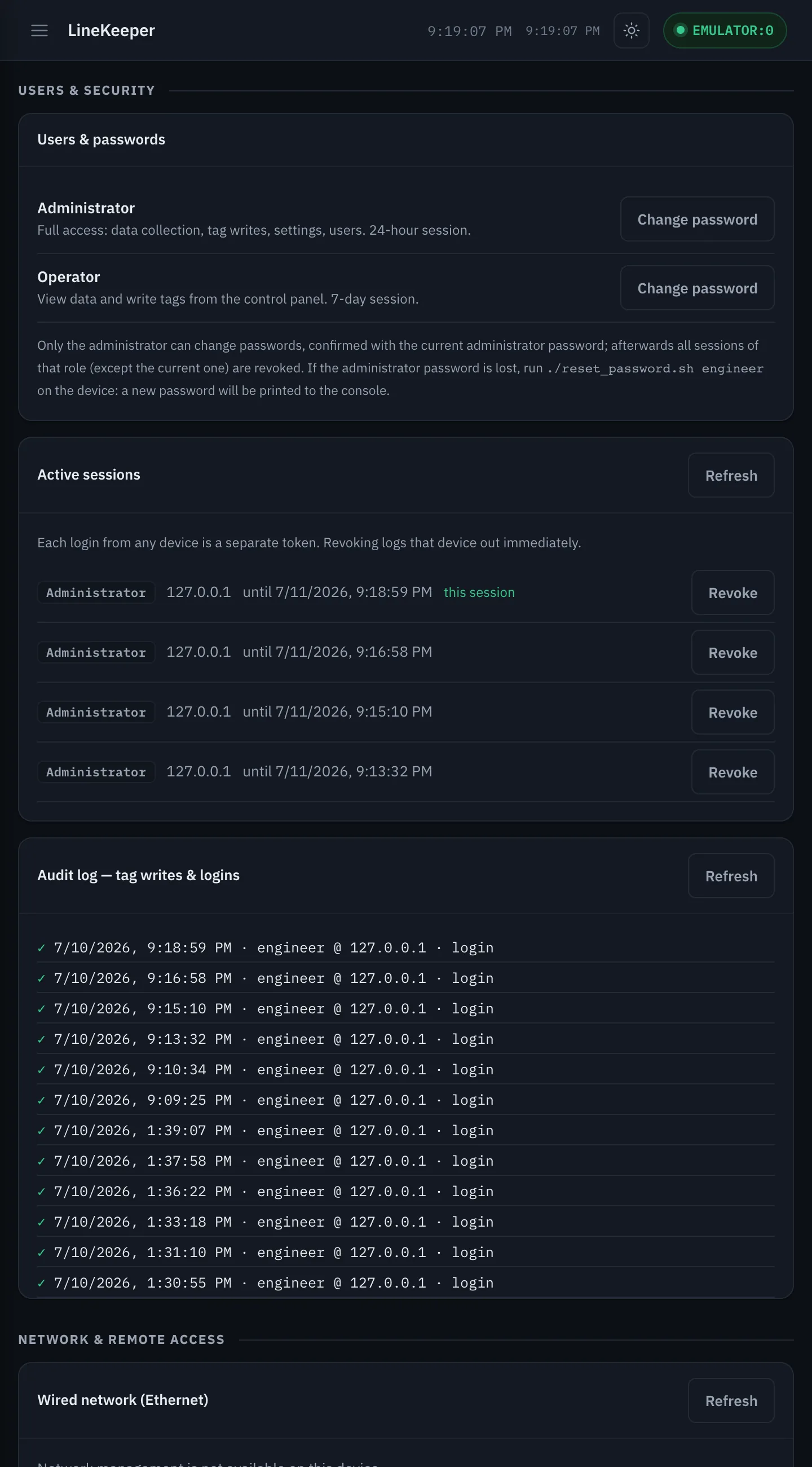 Settings: users & passwords, active sessions, audit log