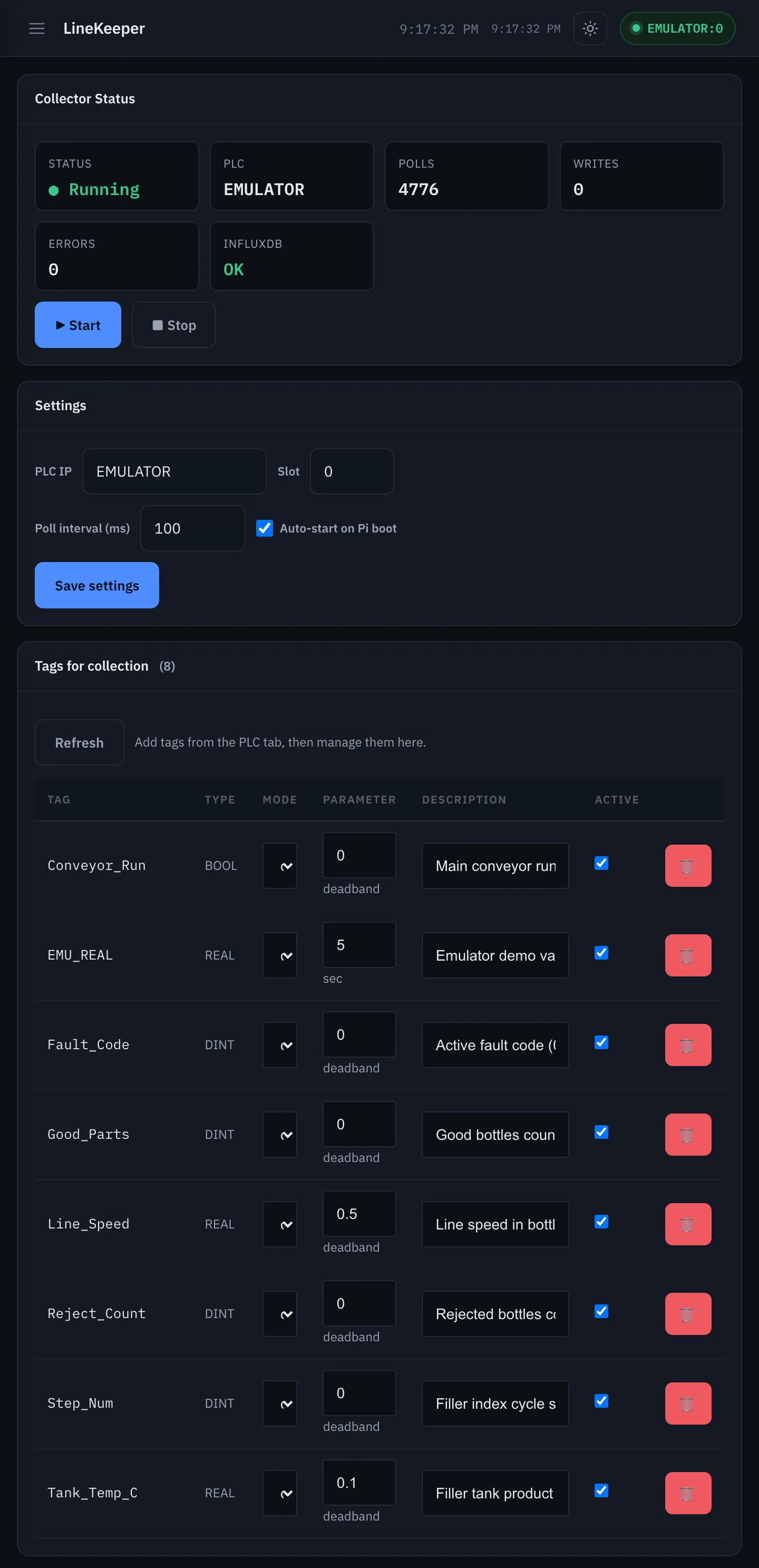 Storage: collector status, settings and the list of recorded tags