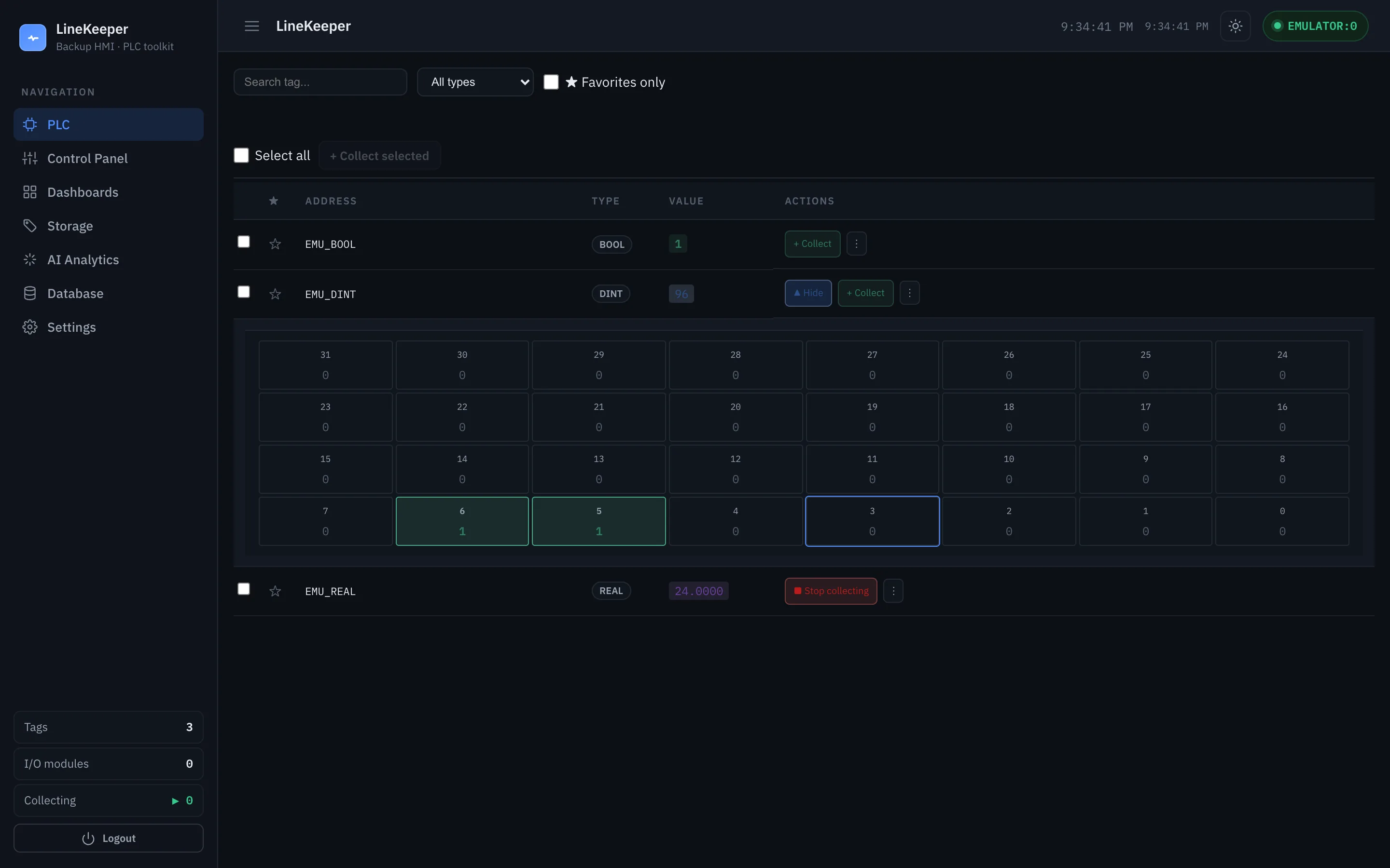 LineKeeper live tag diagnostics: tag list with live values and a DINT expanded into a 32-bit grid
