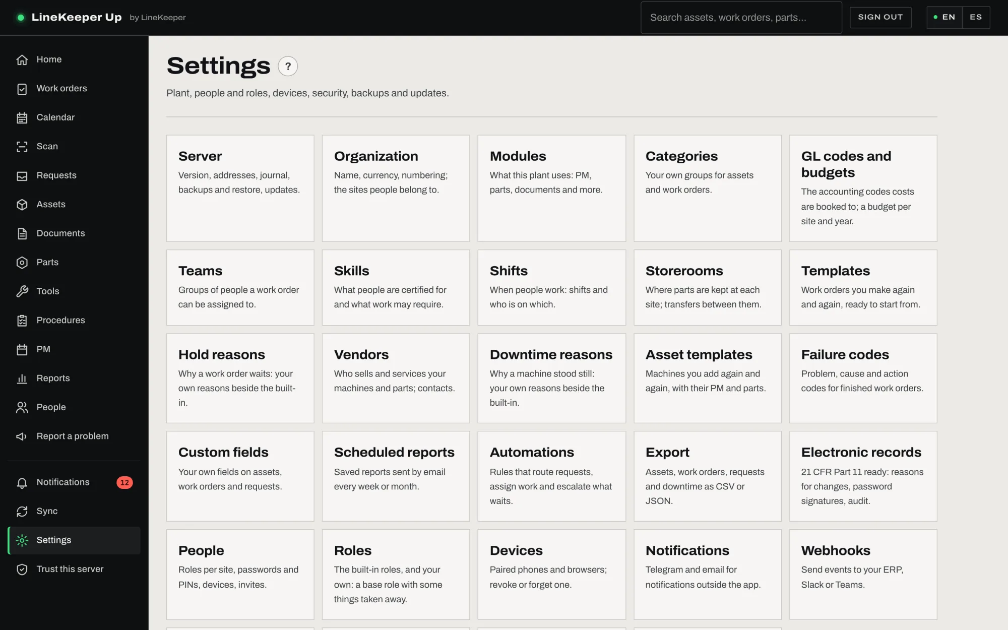 Settings: the administration cards