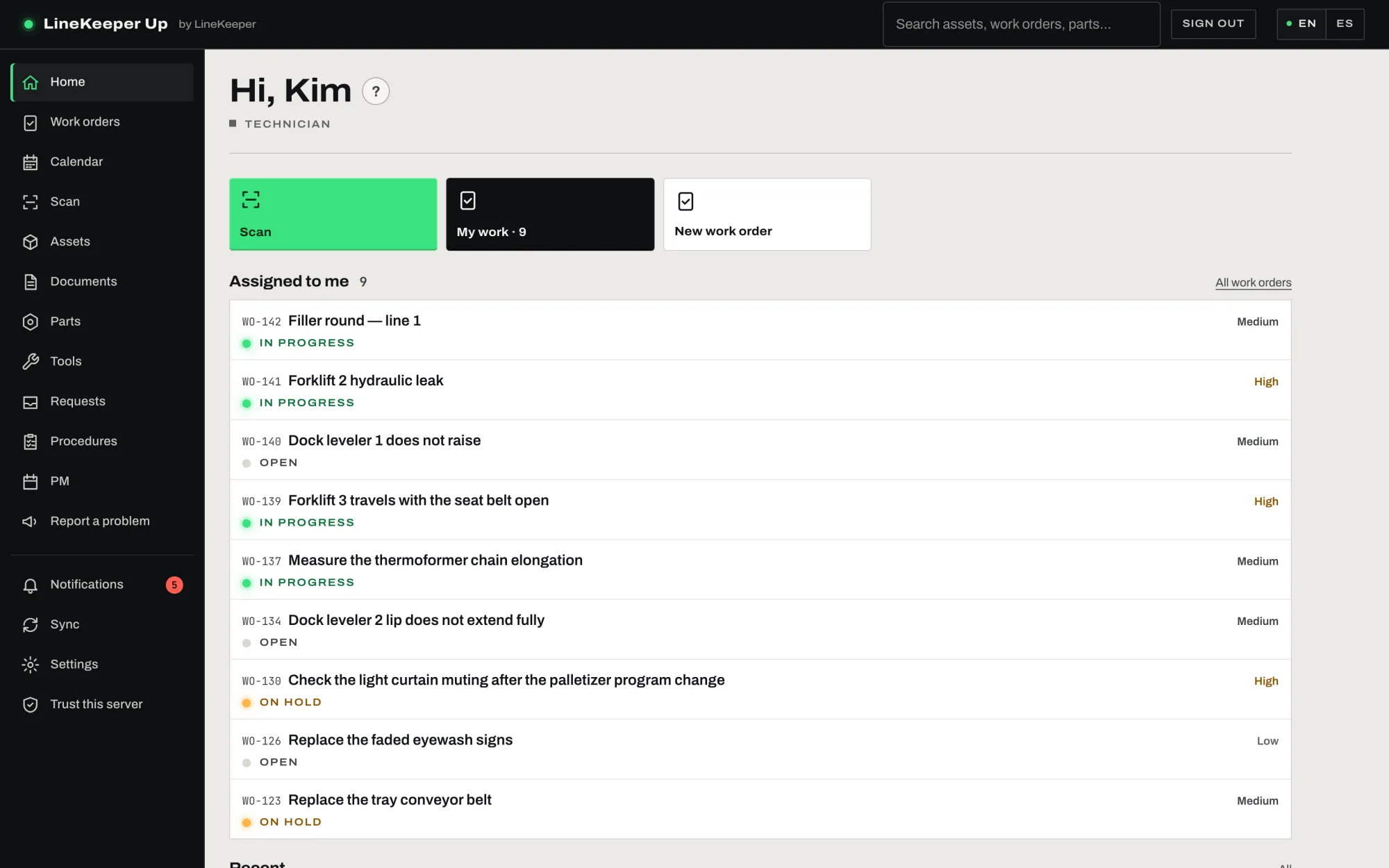 The technician's home screen: Scan, My work and New work order, then the nine work orders assigned to the technician